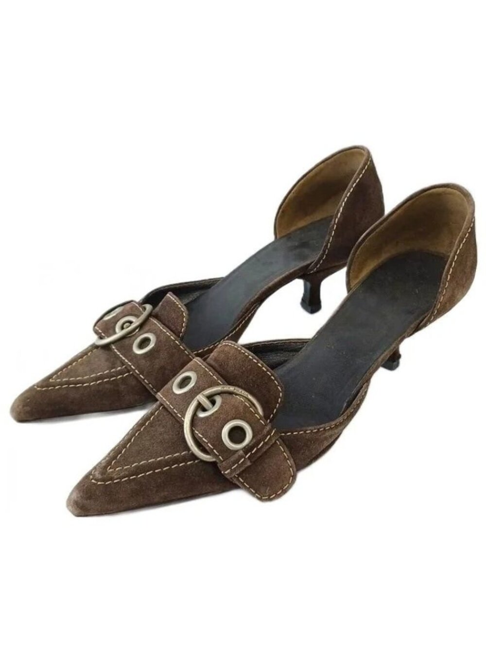 Prada Pumps Suede Pointed Toe Kitten Heels Buckle Brown